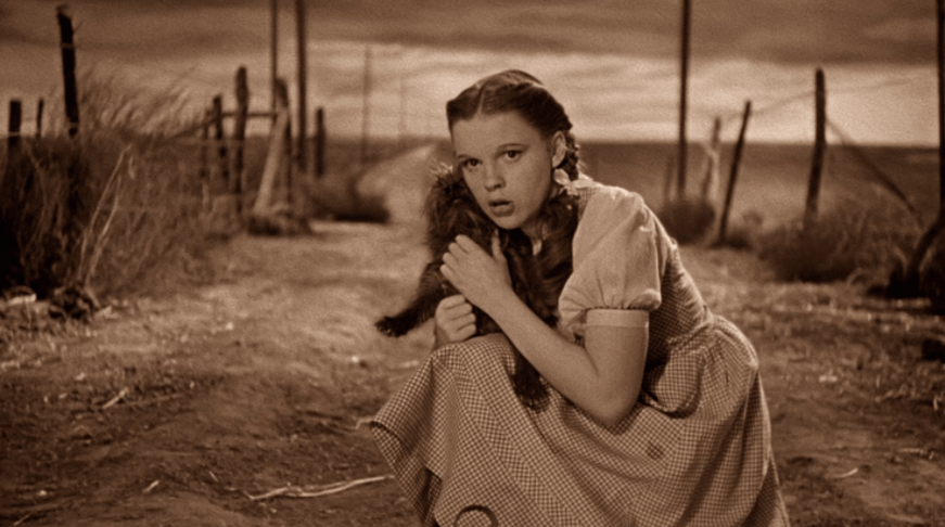 Dorothy from "The Wizard of Oz" surveys her home state of Kansas