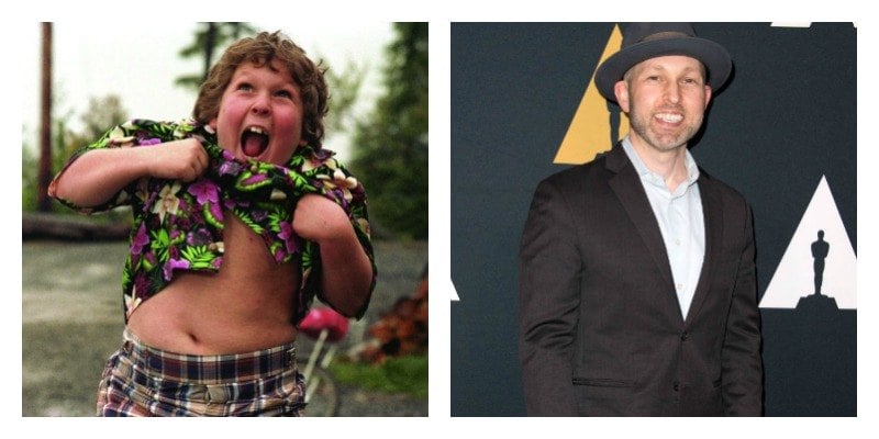 On the left is Chunk in The Goonies holding up his shirt and shaking. On the right is Jeff Cohen in a suit on the red carpet.