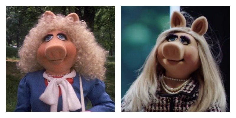 On the left is Miss Piggy with big, curly hair. On the right is Miss Piggy with long and straight hair.