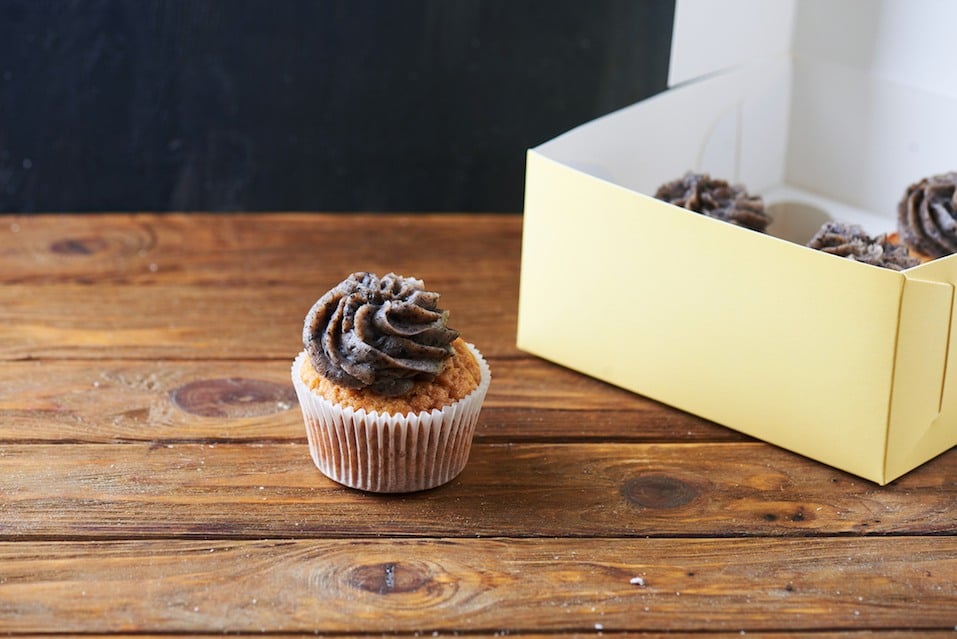 Single chocolate cup cake over paper box