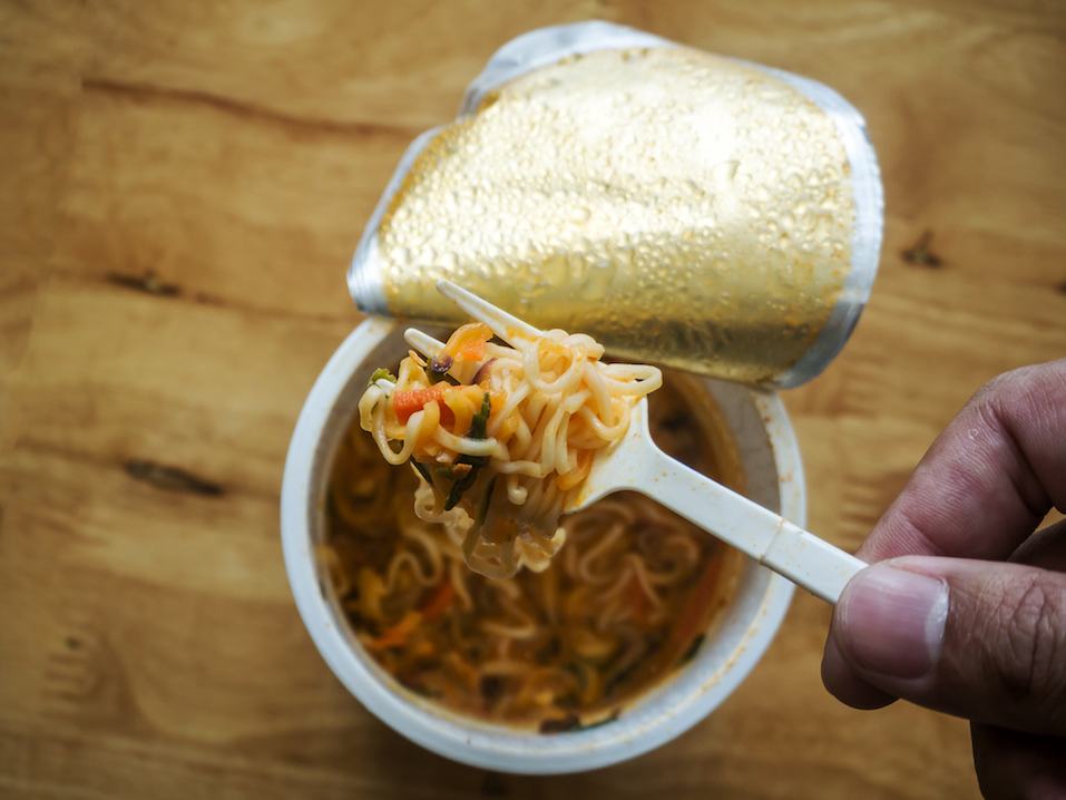 Top view of cup of instant noodle ready to eat
