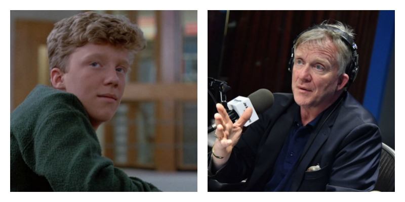 On the left is a young Anthony Michael Hall looking over his shoulder in The Breakfast Club. On the right is Anthony Michael Hall holding a microphone.