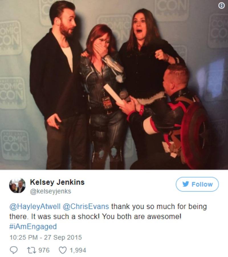 Chris Evans looks shocked as a man proposes to a woman next to him. Chris Evans looks shocked as a man proposes to a woman next to him.