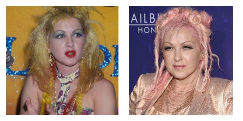 On the left is Cyndi Lauper with blonde hair and blue eye shadow. On the right is Cyndi Lauper with pink hair and a pink suit.