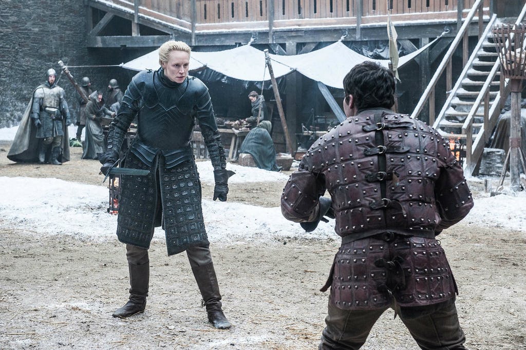 Brienne of Tarth stands off against Podrick in a scene from the 'Game of Thrones' Season 7 premiere.