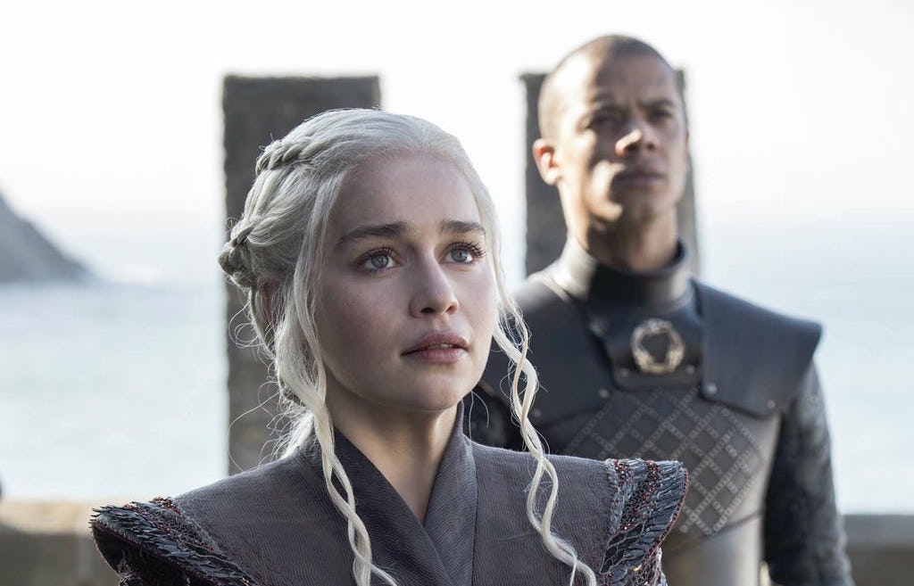 In the Season 7 'Game of Thrones' premiere, Daenerys Targaryen and Greyworm stare at the entrance to Dragonstone.