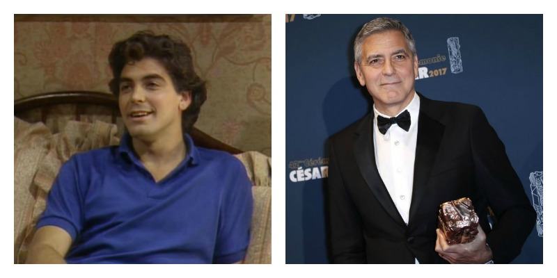 On the left is young George Clooney with dark wavy hair. On the right is grey George Clooney in a tux on the red carpet.