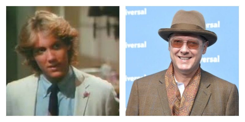 On the left is young James Spader with blonde hair and in a suit. On the right is James Spader wearing a hat, sunglasses, and in a suit.