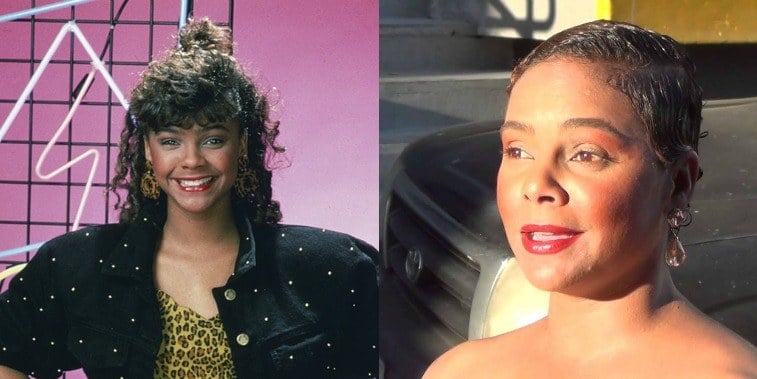 Lark Voorhies as Lisa Turtle on Saved By the Bell and Lark Voorhies in 2016 outside Jimmy Kimmel Live