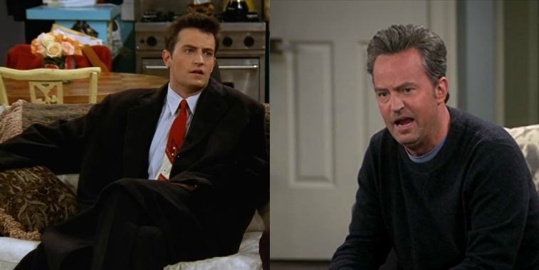 Chandler sitting on a couch in a suit and Oscar sitting and yelling