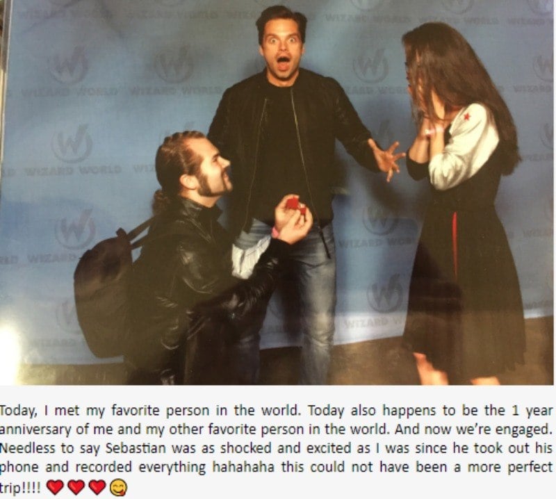 Sebastian Stan looks shocked behind a man proposing to a woman.