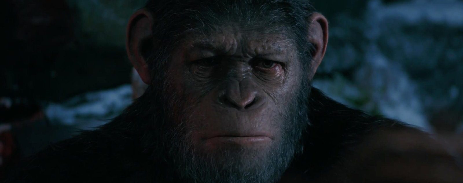 Andy Serkis as Caesar with a sad look on his face