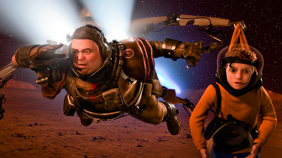 A man in a suit and a young boy in space in Disney's Mars Needs Moms