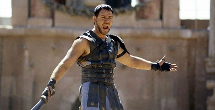 Russell Crowe prepares for battle in a scene from Gladiator