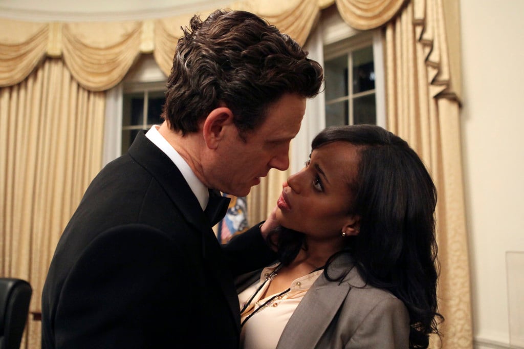 Fitz and Olivia up against a wall, preparing to kiss