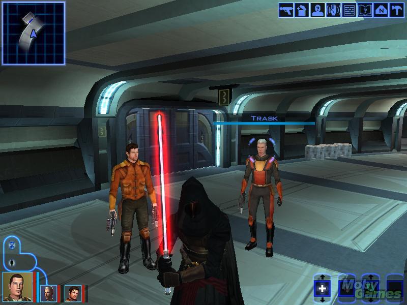 A cloaked man with a lightsaber stands ready to fight.