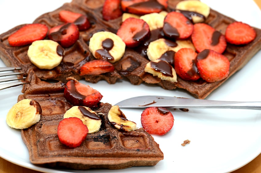 Chocolate Waffle, bananas, strawberries