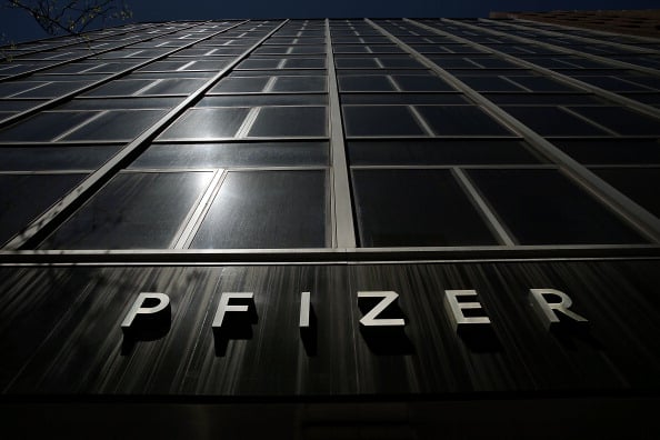 Pfizer name on the company's headquarters bulding.