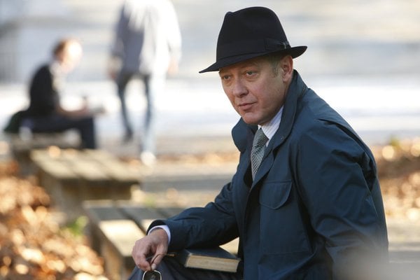 James Spader sits on a bench outside in a fedora and coat