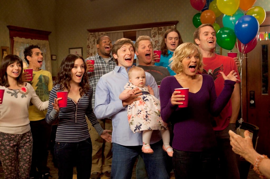 The cast of 'Raising Hope' celebrating with balloons and red cups
