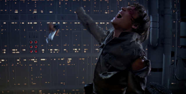 Luke Skywalker’s severed hand falls through the air as he screams in Star Wars: The Empire Strikes Back