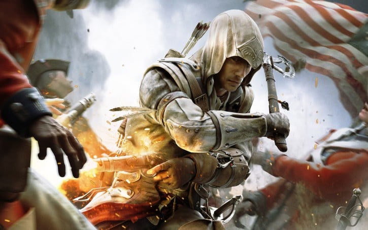 An assassin rushes through a battlefield, an American flag in the background.