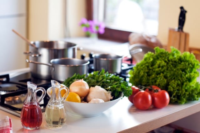 kitchen counter with veggies