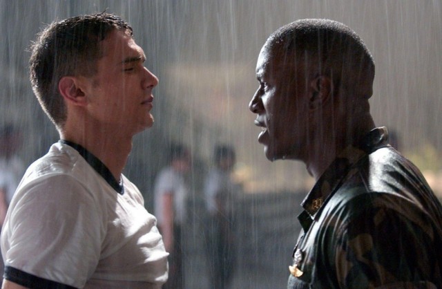 James Franco and Tyrese Gibson face each other in the rain in Annapolis
