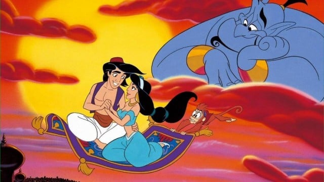 Aladdin and Jasmine riding on the magic carpet.