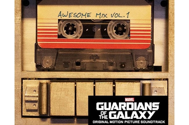 A poster for Guardians of the Galaxy featuring a cassette tape labeled 'Awesome Mix Vol. 1'