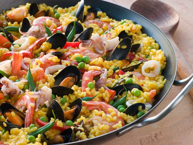 Seafood paella with mussels and shrimp