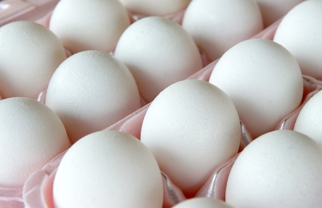 Eggs sit in an egg carton