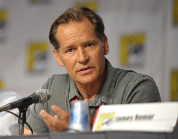 Actor James Remar speaks at a microphone at a panel 