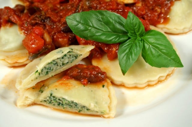 Chicken and spinach-filled ravioli