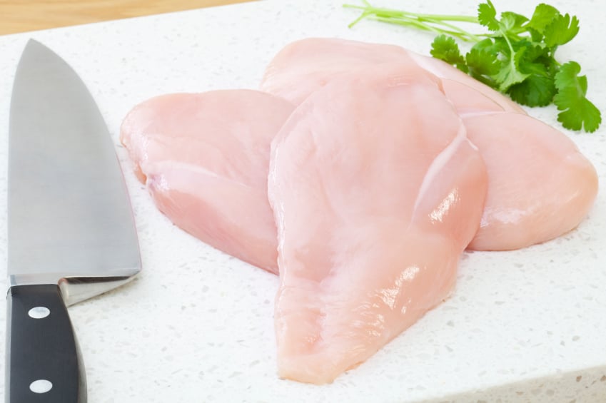 raw chicken breast on a cutting board