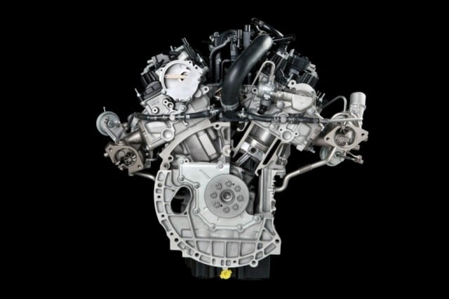A cutaway of Ford's 2.7 liter EcoBoost V6