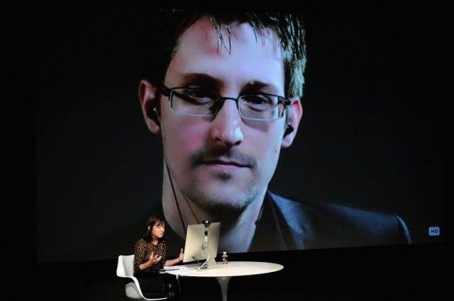Edward Snowden Interviewed by Jane Mayer at the MasterCard stage at SVA Theatre during The New Yorker Festival 2014 on October 11, 2014