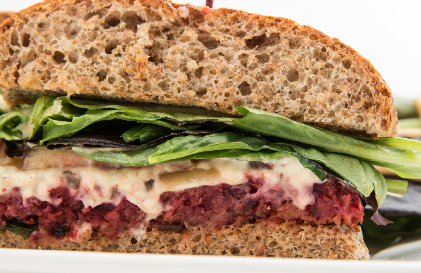 Beet sandwich, veggie burger, lentil