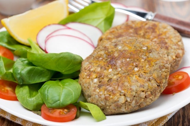 Vegetarian burger, vegetables, buckwheat