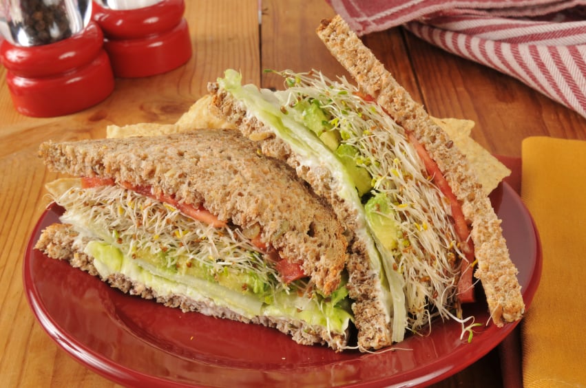 Vegetable sandwich with lettuce, avocado, tomato, and sprouts