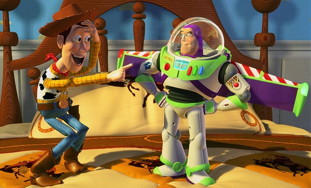 Woody points and laughs at Buzz Lightyear in Toy Story