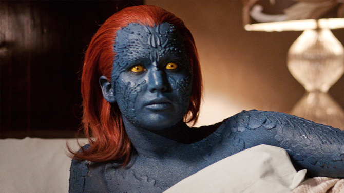 Jennifer Lawrence's Mystique lays under a bed sheet in X-Men: First Class