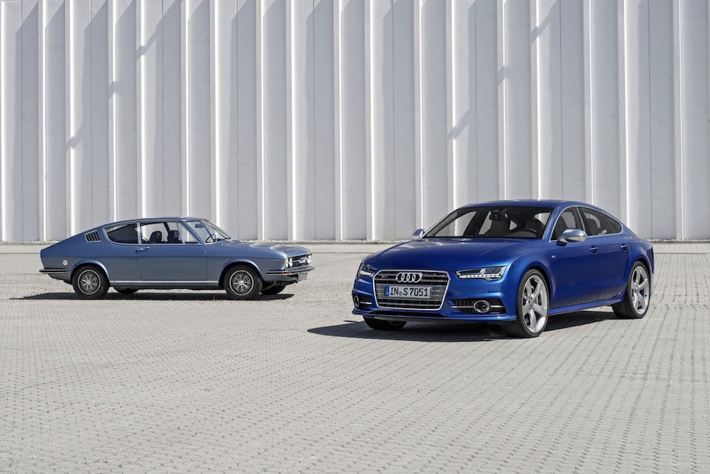The 1970 Audi 100 Coupe S, left, and the 2017 Audi S7 Sportback