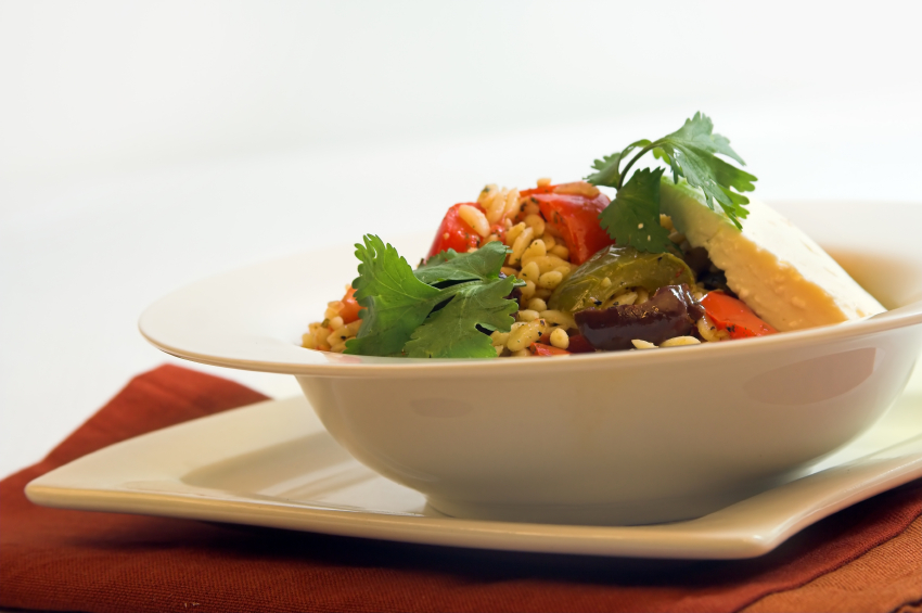 Orzo salad with feta cheese, olives, and peppers