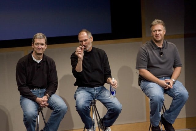 Tim Cook, Chief Operating Officer, Apple CEO Steve Jobs and Phil Schiller, EVP Product Marketing, answers questions after Jobs introduced new versions of the iMac and iLife applications August 7, 2007 in Cupertino, California