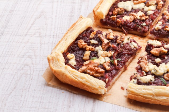 pizza, red onion, brie cheese tart