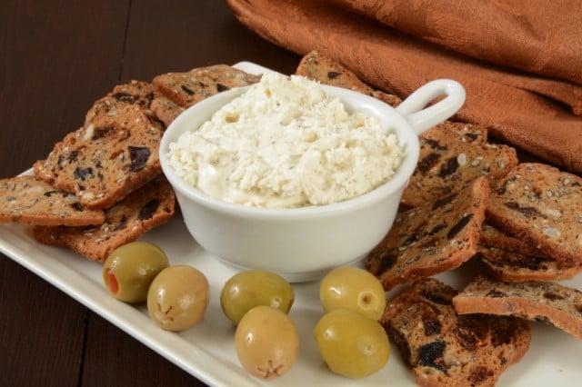 Fig, olive crackers with cream cheese dip