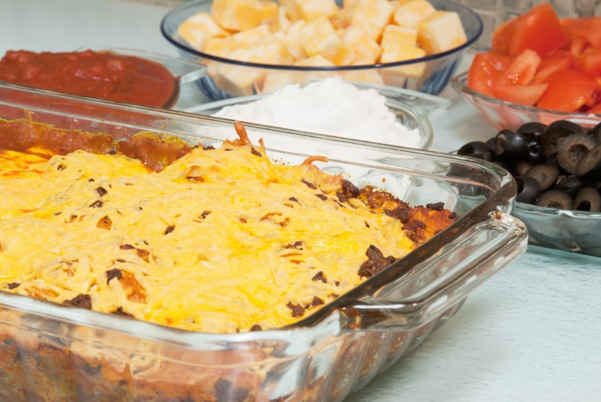 Casserole, taco dip, cheese, tortilla