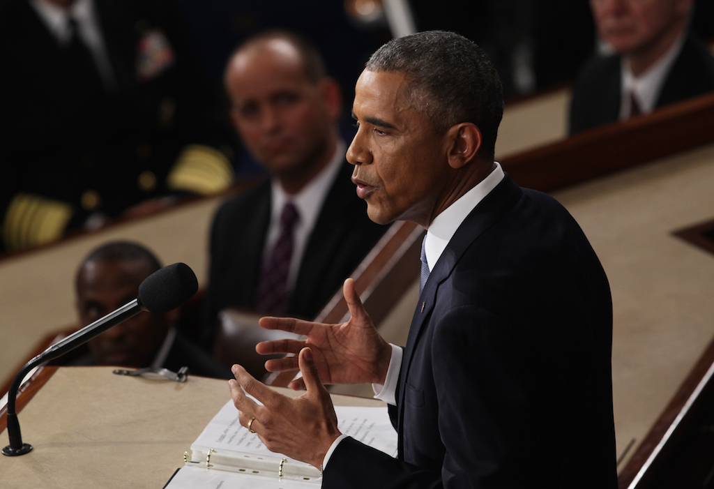 U.S. President Barack Obama delivers his State of the Union speech before members of Congress in the House chamber of the U.S. Capitol January 20, 2015 in Washington, DC. Obama was expected to lay out a broad agenda to including attempts to address income inequality and making it easier for Americans to afford college education and child care. (Photo by Alex Wong/Getty Images)