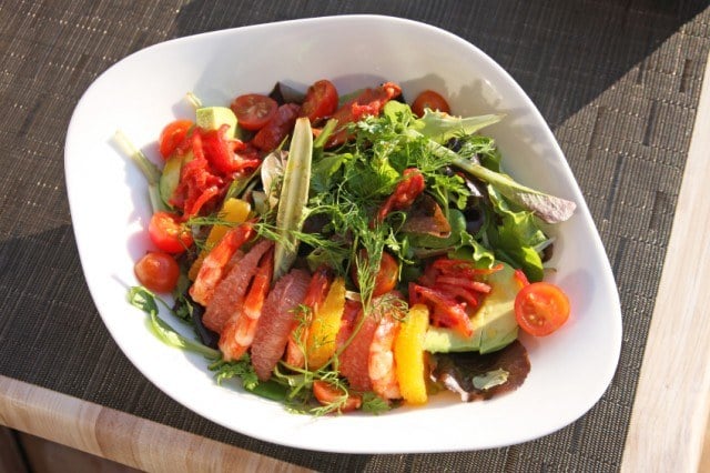 Salad with shrimp, avocado, tomatoes and grapefruit.